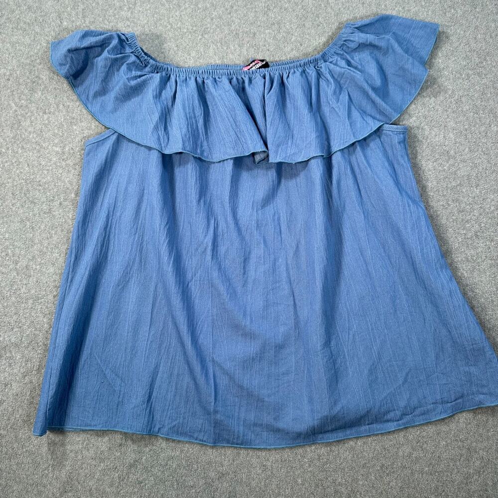 Discreet Off Shoulder Ruffle Blouse Women's 3X Blue Chambray